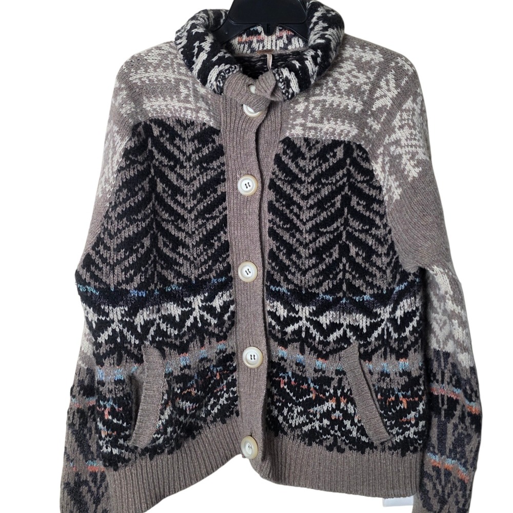 Free People Fair Isle nordic wool blend Turtleneck chunky Button Sweater Size L - Picture 4 of 11
